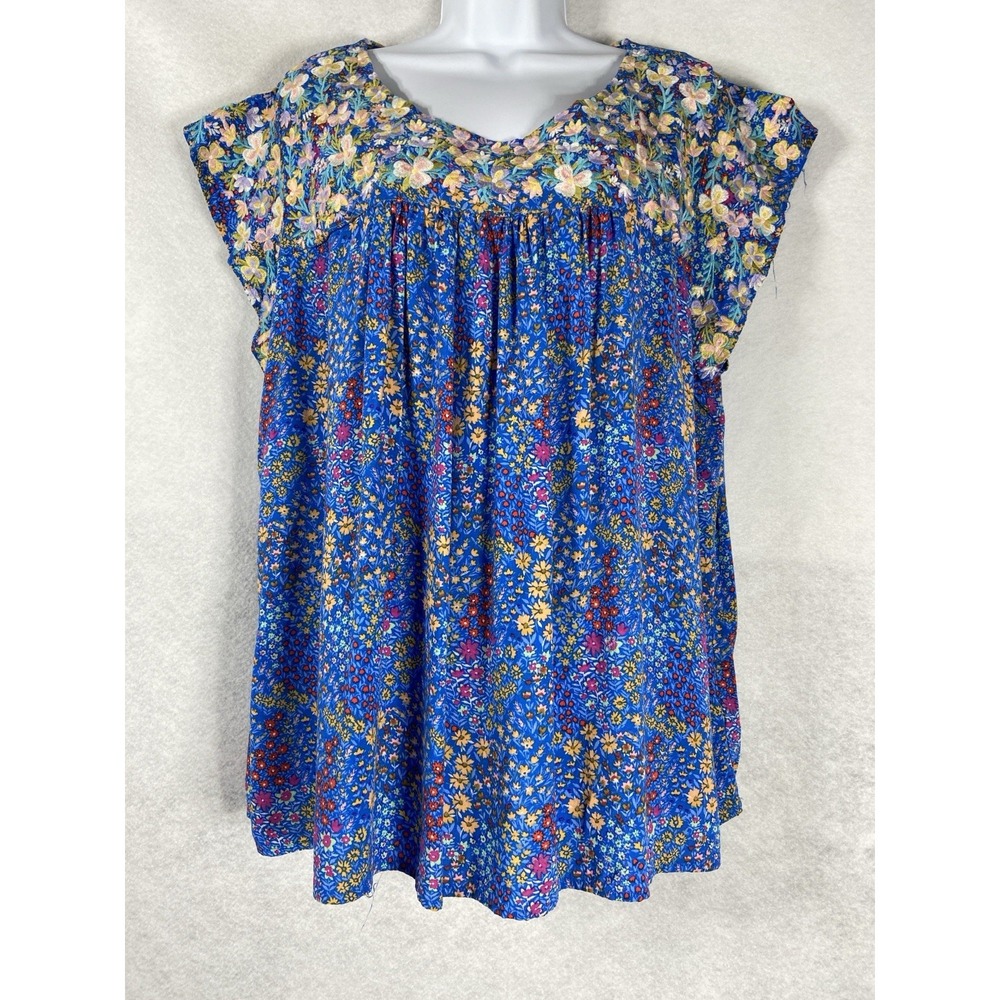 Savanna Jane Top Women's 3X Blue Short Sleeve Embroidered Boho Floral